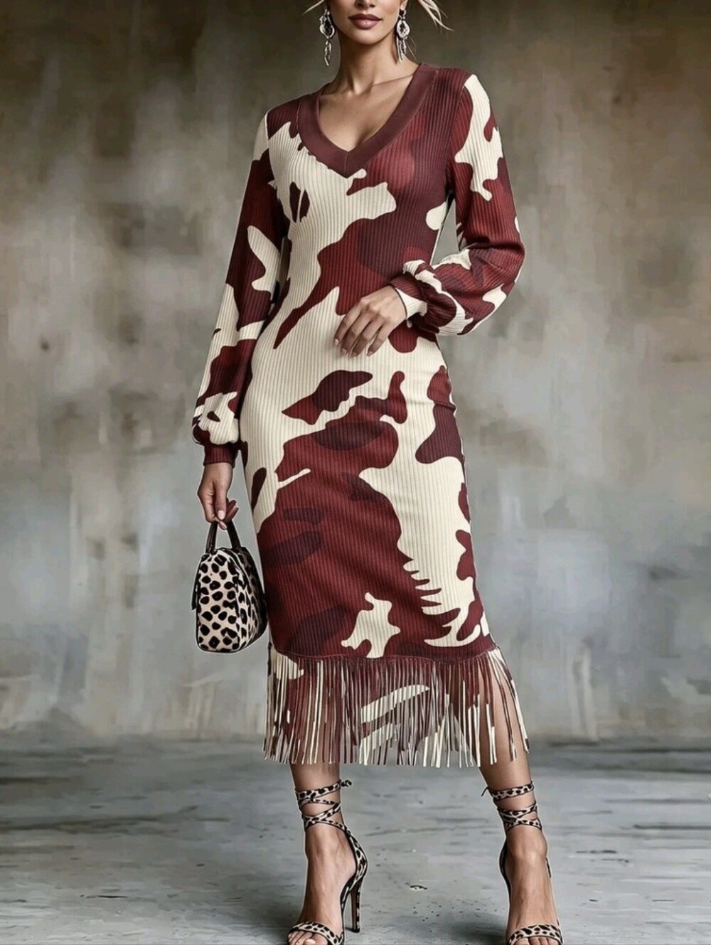 Party Drop Shoulder Deep V-Neck Lantern Flared Sleeve Camouflage Ribbed Knit Bod